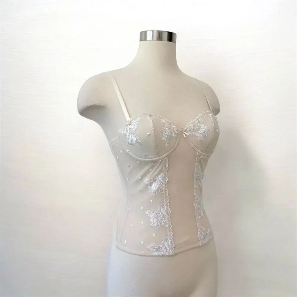 H&M Beige Heart Floral Lace Y2K Tan Bustier Tank Top Small 34A Sheer Mesh